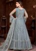 Grey Embroidered Abaya Style Suit In Net