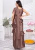 Brown Readymade Ruffled Saree In Satin