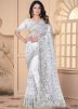 White Thread Embroidered Saree In Net