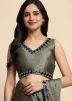 Green Readymade Embroidered Saree In Satin