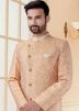 Asymmetric Readymade Embroidered Sherwani Set In Peach