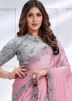 Pink Embroidered Readymade Saree In Satin Silk