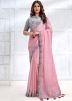 Pink Embroidered Readymade Saree In Satin Silk