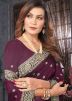 Wine Thread Embroidered Saree In Georgette