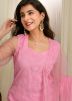 Pink Readymade Embroidered Pant Suit In Net