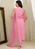 Pink Readymade Embroidered Pant Suit In Net