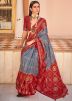 Grey & Red Patola Print Saree In Silk