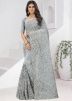 Grey Resham Embroidered Net Saree