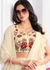 Cream Readymade Ruffled Saree In Satin Silk