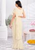 Cream Readymade Ruffled Saree In Satin Silk