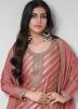 Coral Pink Zari Woven Pant Suit With Dupatta