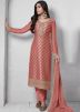 Coral Pink Zari Woven Pant Suit With Dupatta