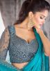 Turquoise Embroidered Saree With Blouse