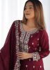 Wine Embroidered Readymade Palazzo Suit