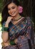 Grey Printed Saree In Tussar Silk