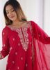 Red Embroidered Pant Suit In Georgette