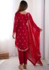 Red Embroidered Pant Suit In Georgette