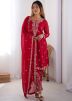 Red Embroidered Pant Suit In Georgette