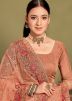 Peach Thread Embroidered Saree In Net