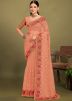 Peach Thread Embroidered Saree In Net