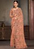 Peach Thread Embroidered Saree In Net
