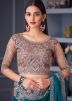 Teal Green Satin Embroidered Saree
