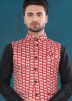 Red Elephant Print Satin Nehru Jacket