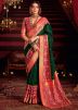 Dark Green Print Border Saree In Silk