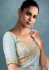Blue Embroidered Saree In Tussar Silk