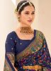 Dark Blue Floral Print Saree In Tussar Silk