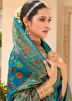 Teal Blue Floral Print Saree In Tussar Silk