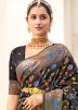 Black Floral Print Tussar Silk Saree