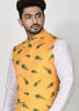 Yellow Digital Printed Nehru Jacket In Art Silk