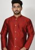Readymade Red Kurta Pajama With Printed Nehru Jacket
