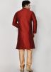 Readymade Red Kurta Pajama With Printed Nehru Jacket