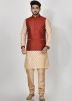 Cream Kurta Pajama Set With Printed Nehru Jacket