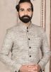 Cream Asymmetric Sherwani With Dhoti In Jacquard