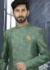 Green Printed Readymade Asymmetric Sherwani