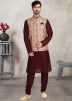 Maroon Readymade Kurta Churidar With Nehru Jacket