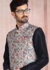 Blue Kurta Pajama With Printed Nehru Jacket