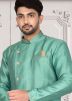 Turquoise Woven Readymade Sherwani And Dhoti Set
