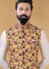 Off White Kurta Churidar Set With Floral Nehru Jacket