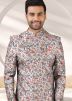 Grey Floral Printed Asymmetric Sherwani With Churidar