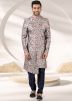 Grey Floral Printed Asymmetric Sherwani With Churidar