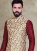 Maroon Kurta Pajama With Cream Asymmetric Printed Jacket