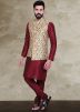 Maroon Kurta Pajama With Cream Asymmetric Printed Jacket