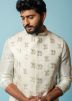 White Beaded Readymade Linen Nehru Jacket