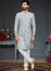 Grey Woven Mens Indo Western Sherwani Set