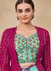 Turquoise Jacket Style Top Bottom In Thread Embroidery