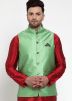 Green Color Silk Nehru Jacket
